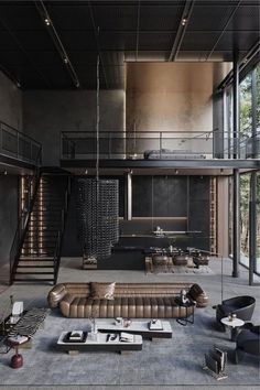 a living room filled with lots of furniture next to a fire place and staircase leading up to the second floor