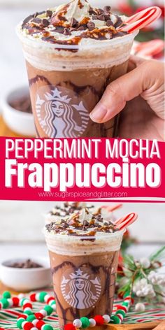 Copycat Starbucks Peppermint Mocha Frappuccino is perfect for entertaining during the holidays or a sweet treat to brighten up those dark winter mornings (or nights). It's a sweet minty, chocolatey frozen drink that can be customized to your personal preferences. Starbucks Peppermint Mocha Frappuccino, Starbucks Frappuccino Recipe, White Chocolate Syrup