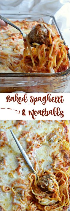 two pictures showing how to make baked spaghetti and meatballs in a casserole dish