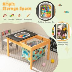 this is an image of a toy table and chair set with toys in the storage compartment