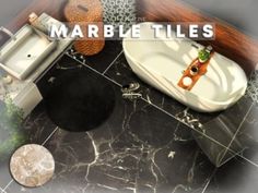 there is a bathroom with marble tiles on the floor