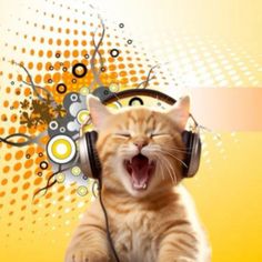 an orange cat wearing headphones with its mouth open