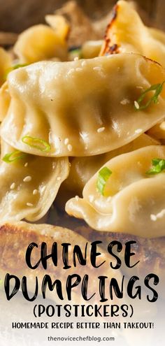 some dumplings are stacked on top of each other with the words, chinese dumplings pottickers