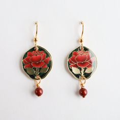 EAR-JM Gold Red Rose Earring  - Plated Surgical Steel Ear Handmade Rose Gold Enamel Jewelry, Red Brass Dangle Jewelry, Red Brass Jewelry For Anniversary, Rose Metal Jewelry For Gift, Nickel Free Rose Gold Brass Earrings, Nickel Free Red Earrings For Anniversary, Nickel-free Red Earrings For Anniversary, Red Enamel Earrings For Anniversary, Red Enamel Drop Earrings