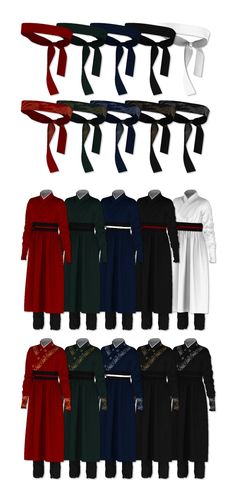 several different types of clothing hanging on a rack with ties attached to it's sides