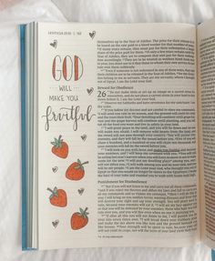 an open bible with the words god will make you fruitful written in cursive writing