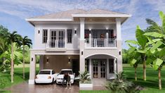 a white car parked in front of a two story house