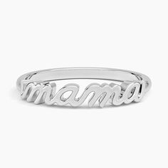 Mama Ring - 14K White Gold. The perfect gift to celebrate the incredible mom in your life, this lustrous ring features the word 'mama' written in beautiful script. Elegant Rings For Mother's Day, Classic Silver Rings With Names, Elegant Rings For Anniversary And Mother's Day, Elegant Silver Rings With Names, Classic Name Ring Jewelry, Sterling Silver Rings With Names For Mother's Day, White Gold Promise Ring For Mother's Day, Sterling Silver Name Rings For Mother's Day, Silver Engraved Ring For Mother's Day