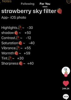 the strawberry sky filterr app is displayed in this screenshoto photo, with hearts and