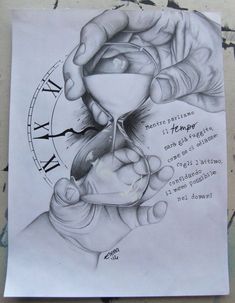 a drawing of two hands holding an hourglass