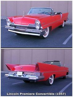 an old red car parked in a parking lot