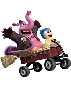 an animated character riding in a wagon with another character