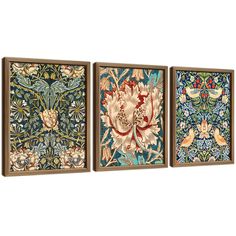 three panels with flowers and birds on them, each panel has an intricately designed design