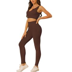 This sport crop set keeps you cool and comfortable when you wear in summer. These elastic sport outfit sets are very comfortable to wear, designed with a tummy control wide waistband that contours your curves and shapes your body. The ribbed baseband features a flattering bust-shaping neckline and removable padded cups to ensure a secure fit and support for any workout you do. These slim-fitting pants are also made from ribbed fabric, so you'll always be on trend whether you're at the gym or at Solid Seamless Workout Sets, Seamless Solid Yoga Sets, Solid Color Seamless Yoga Sets, Athleisure Seamless Yoga Sets, Seamless Athleisure Yoga Sets, Seamless Yoga Sets In Athleisure Style, Sporty Seamless Activewear For Loungewear, Casual Seamless Gym Sets, Casual Seamless Sports Sets