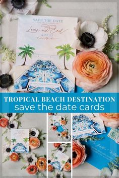 tropical beach destination save the date cards with flowers and blue watercolors on them