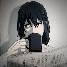 an anime character holding a coffee cup and reading the newspaper