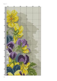 a cross stitch pattern with yellow and purple flowers on the bottom half of it, in front of a white background