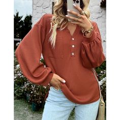 Orange Solid Color Knit Button Long Sleeve Tops Button Long Sleeve, Basic Tops, Long Sleeve Pullover, Fabric Material, Casual Style, Pink And Orange, Soft Fabrics, Fall Outfits, Long Sleeve Tops