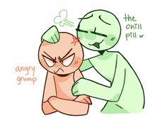 an angry grump character hugging another character