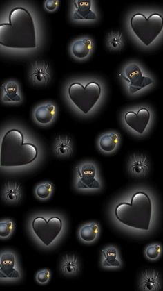 an image of many different hearts on a black background with spider and heart shaped objects