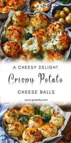 cheese balls and other dishes with text overlay that reads a cheesy delight crispy potato cheese balls