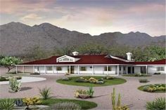 this is an artist's rendering of a house in the desert with mountains in the background