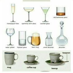 there are many different types of drinks and glasses on this page, including teacups