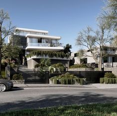 an artist's rendering of a modern house with balconies on the second floor