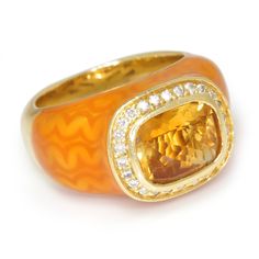 Description: What a unique and exciting citrine ring! This heavy 14kt gold and enamel ring (13.8 grams!!) features a vivid orangish yellow 2 3/4 carat cushion checkerboard cut natural citrine at its center. This November birthstone has always been thought to symbolize and inspire joy because of its exciting color which is even more intensified here by the surrounding brilliant diamonds. The intense yellowish orange enamel is the perfect compliment as it even features a unique wavy pattern which Luxury Orange Gemstone Ring, Luxury Yellow Rings For Collectors, Jewelry Inventory, Floral Pendant Necklace, Wavy Pattern, Citrine Jewelry, Black Onyx Necklace, Jewels Rings, Citrine Ring