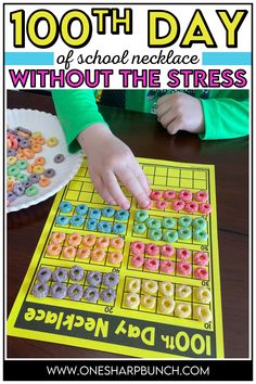 Strengthen fine motor skills while making groups of 10 all the way to 100 for the 100th Day of School with this 100th Day Necklace! This 100th Day of School activity is the perfect way to work on making 10. Students use a ten frames to group Fruit Loops to make their 100th Day necklace. This counting to 100 activity can be added to your 100th day stations. This 100th day math activity can be done during math centers as well. Find 5 teaching tips for making this 100th Day necklace! 100th Day Necklace, 100 Days Of School Beads, 100 Days Smarter Printable, 100 Days Of School Activities Kinder, Thanksgiving Math Games, 100 Day Smartie Printable, Preschool Math Centers, Thanksgiving Math Activities, Ten Frame Activities