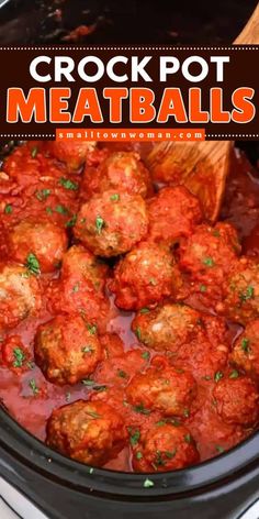 crock pot meatballs in red sauce with a wooden spoon sticking out of it