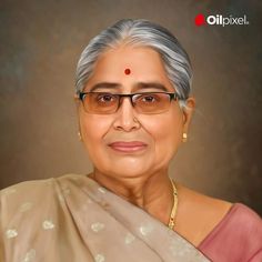 an old woman with glasses and a sari on her head, in front of a brown background