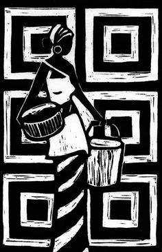 a black and white drawing of a woman carrying food