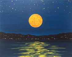 an acrylic painting of a full moon over the water with stars in the sky