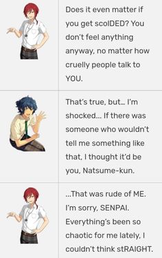 some anime characters are talking to each other