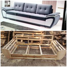 two different types of couches made out of pallet wood and one in the process of remodeling