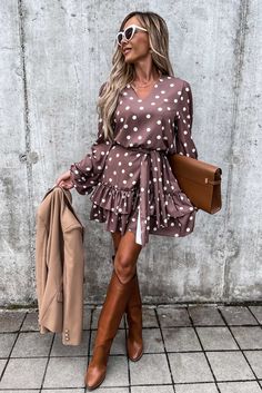 Brown Polka Dot Print Lace-up Ruffled Mini Dress Polka Dot Long Sleeve Dress With Ruffles, Knee-length Polka Dot Dress With Ruffles, Polka Dot Mini Dress With Ruffle Hem, Polka Dot Ruffled Mini Dress, Polka Dot Knee-length Dress With Ruffle Hem, Polka Dot V-neck Dress With Ruffle Hem, Polka Dot Dress With Ruffle Hem For Brunch, Polka Dot Casual Mini Dress For Fall, Casual Polka Dot Mini Dress For Fall