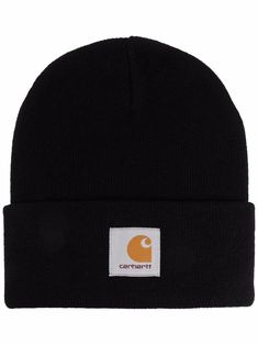 black logo patch to the front knitted construction turn-up wide brim Carhart Beanie, Carhartt Beanie, Black Hats, Rick Owens Jacket, Beanie Black, Carhartt Work In Progress, Kids Beanies, Ski Hats, Burberry Hat