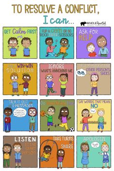 an image of children's comics with the words to resolve a conflict, i