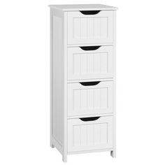 a white wooden cabinet with three drawers