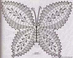 a crocheted butterfly is shown in black and white, with an intricate design on the wings