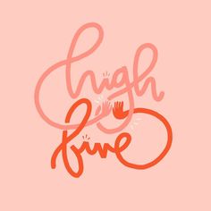 the words laugh and love written in red ink on a pink background with an orange hand