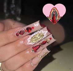 Virgencita Nail Set, Spanish Nails Acrylic, Latina Valentines Nails, Christmas Nails Latina, Virgencita Nails Red, Acrylic Nails Virgencita, Valentines Day Nails Latina, Virgin Mary Nails Long