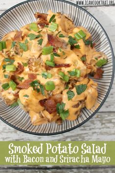 smoked potato salad with bacon and sriraca mayo