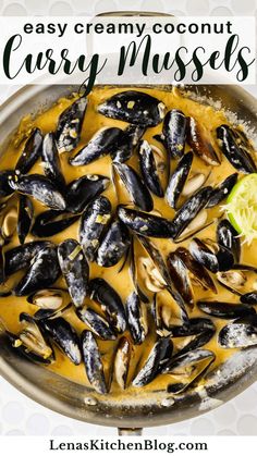 an easy creamy coconut curry mussels recipe in a skillet with text overlay