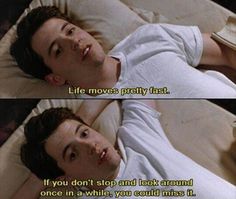 a man laying on top of a bed next to a pillow with the words life moves pretty fast