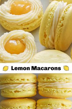 lemon macaroons with white frosting in the middle and on the bottom, are shown