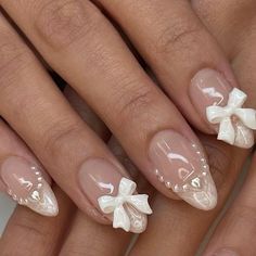 Almond Nails Designs Pearls, Acrylic Nail Designs With Pearls, Valentine Korean Nails, Aesthetic Wedding Nails, Korean Nails Bow, Croquette Nails Almond, Pearl Valentine Nails, Cuqoutte Nails, Nail Accessories Design