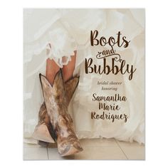 the boots and bubbly wedding program is displayed in front of a white sheet with brown lettering