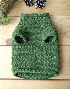 a green knitted dog sweater with holes in the middle on a wooden floor next to pine cones